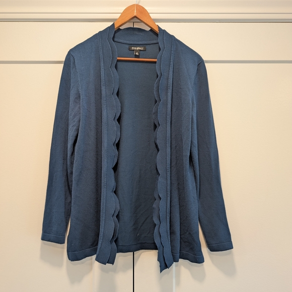 ROZ & ALI Women's Teal Open Front Scalloped Cardigan Sweater Size Medium - Picture 2 of 7